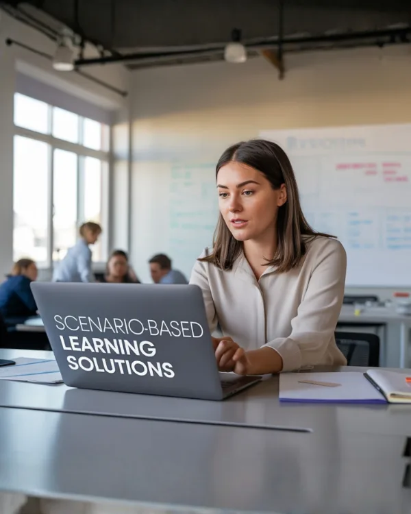 Employee taking scenario-based learning on a laptop